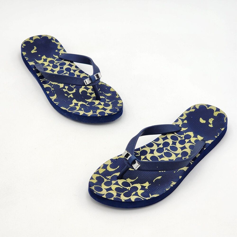 Coach Amel Signature C Logo Monogram Bow Flip Flop Sandals Navy Blue Size 7-8